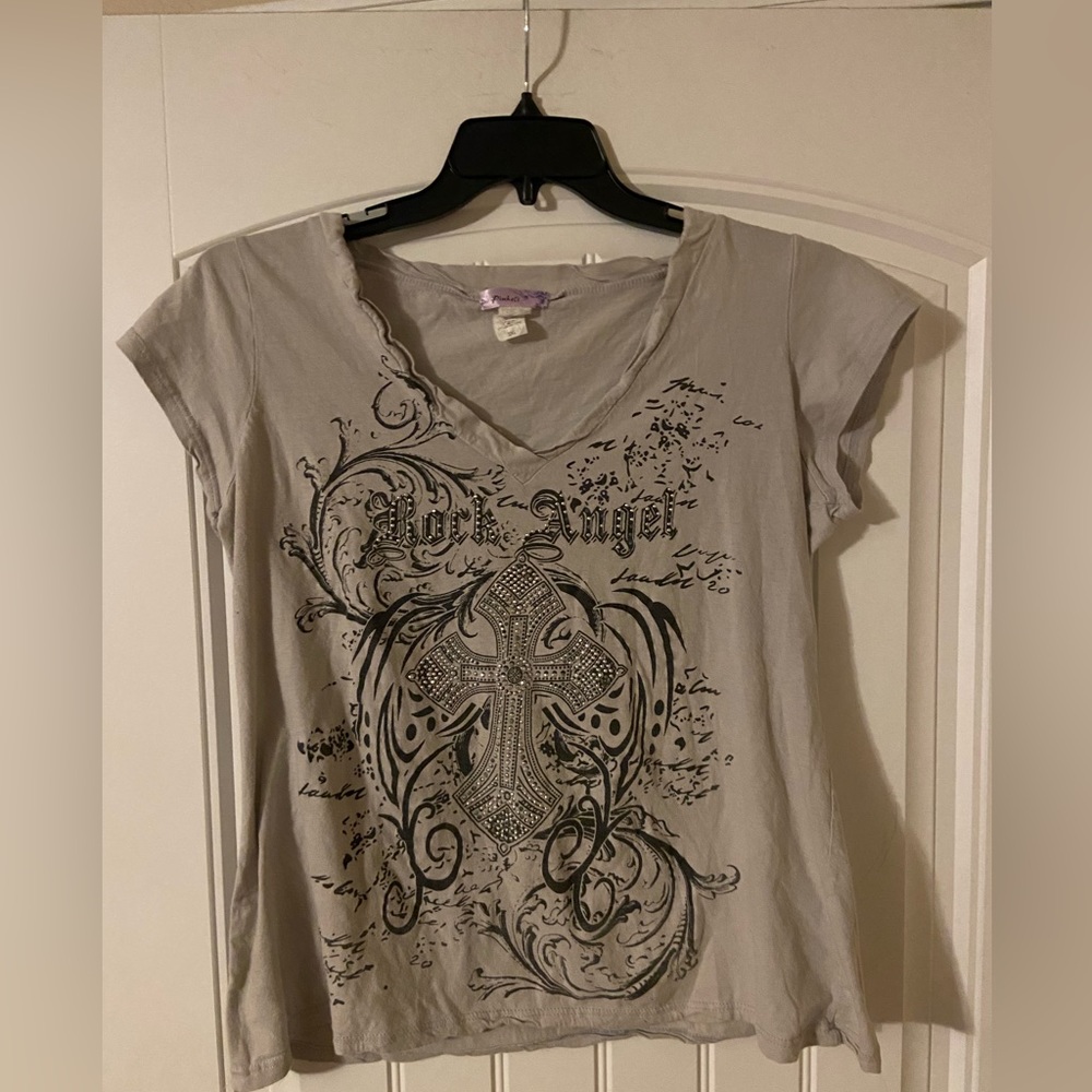 Women’s Pinkeli Brand Rock Angel Studded Gray and Black Short Sleeve T-shirt 2X
